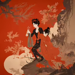 two people walking on a red ground in front of trees