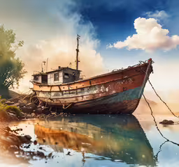 an old wooden boat is sitting on the water,an old boat sitting on top of water