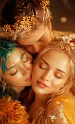 two women wearing yellow are hugging while the image is blurred out