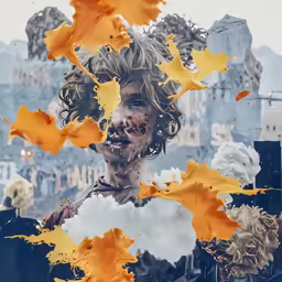 an altered photo of a person with yellow leaves