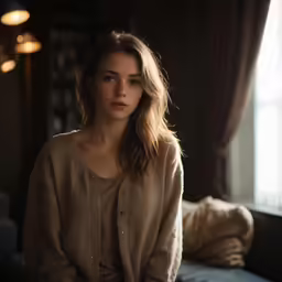a girl sitting in front of a book shelf