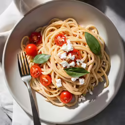 a white plate filled with noodles, tomatoes and feta cheese
