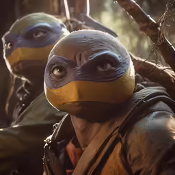 teenaged teenages with painted turtles and camouflage uniforms on