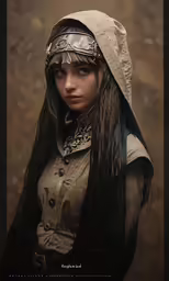 a woman in medieval clothing with an hood on