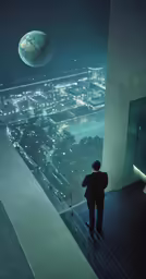 a person looks out at the night city
