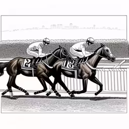 drawing of three horses in motion going down the track,two people racing horses near a fence