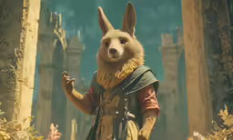 a kangaroo is standing in a room with stone walls