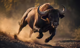 a brown bull running down a dirt road