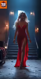 the woman in the red dress is posing