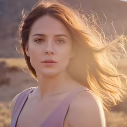 a woman with long hair standing in a field