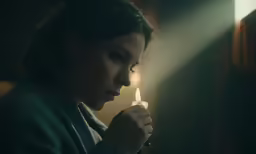 a girl holding a lit candle in her hands