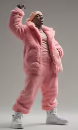 an african american male in a pink fluffy ensemble