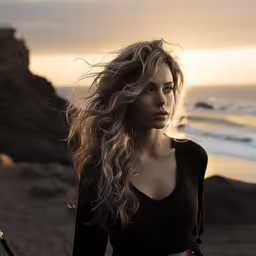 there is a woman standing on the beach by herself,a young woman with long hair posing for a picture