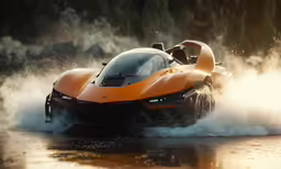 a sports car in motion on the wet surface