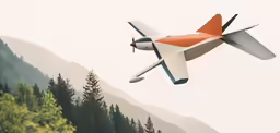 a red and white plane flying above trees in a forest