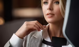 a woman wearing a grey jacket is looking at something