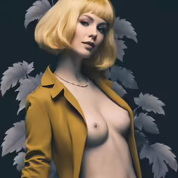 a naked blond woman in a yellow jacket