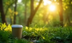 a cup of coffee is sitting in the grass