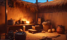 a hut is decorated with various items like candles, bottles and pots,a hut with various cooking utensils, candle and pots