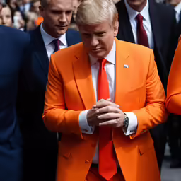 a person wearing an orange suit standing among other people
