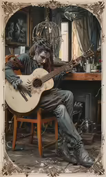 a man with long hair sitting on a chair while holding a guitar