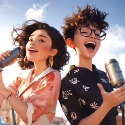 two young women singing and holding microphones in their hands