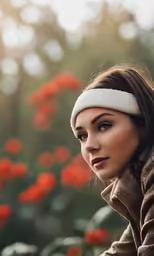 a woman with a white head band sitting on a brick wall