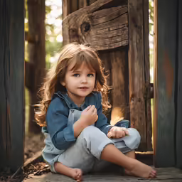a young child sitting on the ground in front of a building