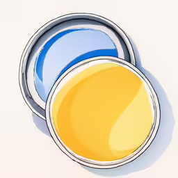 an empty paint can and yellow pan on a white surface