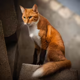 a brown and white cat sitting on some concrete steps