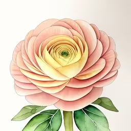 the painting is of a large flower in pink and yellow,a watercolor drawing of a rose with leaves