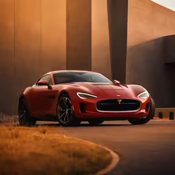 a red sports car parked by a brown wall
