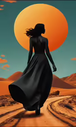 a woman walking down a dirt road during sunset