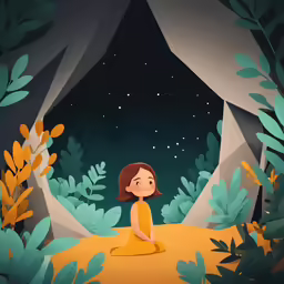 a woman sits on a dirt field near trees and bushes in the night