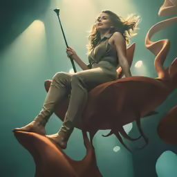 the woman is riding on top of a shark