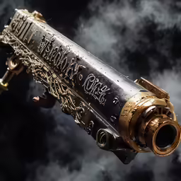 a golden steam powered machine gun is flying through the sky