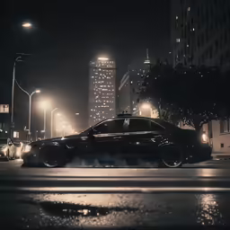 a car on a road at night with a large city behind