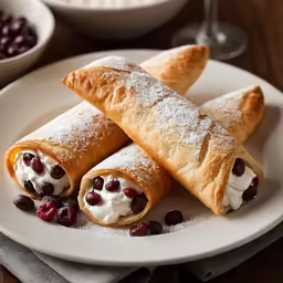 two crepes with cream and cherries on a white plate