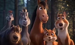a couple of animated characters and animals are in the woods