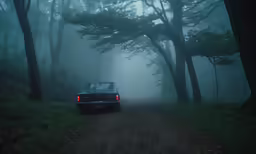 car parked on road in dense forest at night