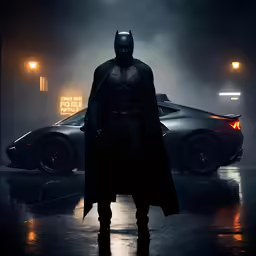 the dark knight standing in front of a car
