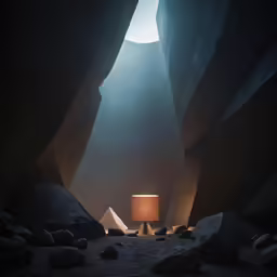 a lamp on a table sitting in the middle of a cave