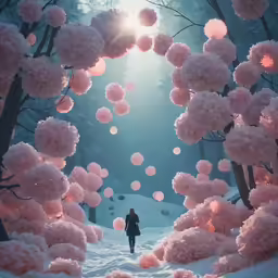 woman walking through the middle of a snowy forest covered in trees