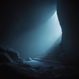 stairs and light are illuminated by the bright light coming through the cave