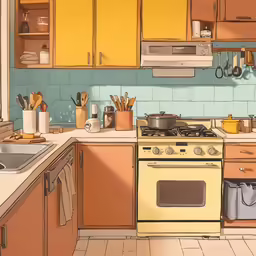 a kitchen scene with the stove and dishwasher
