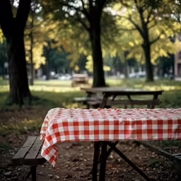 a checkered tablecloth is on a picnic table