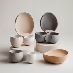 several white and gray bowls sit on top of a large white table