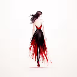 a woman is walking in the snow wearing a dress,a girl in a black and red dress