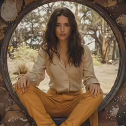 a woman is sitting on some rocks