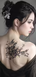 a woman with a black dress on and an intricate back tattoo